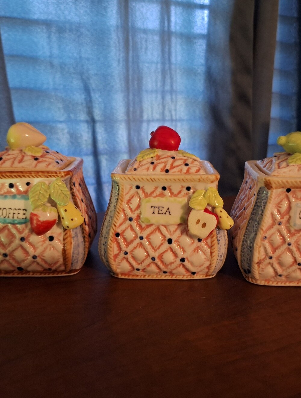 Set Of 3 Ceramic 1 Tea, 2 Coffee Canisters with Fruit Accent - Pink